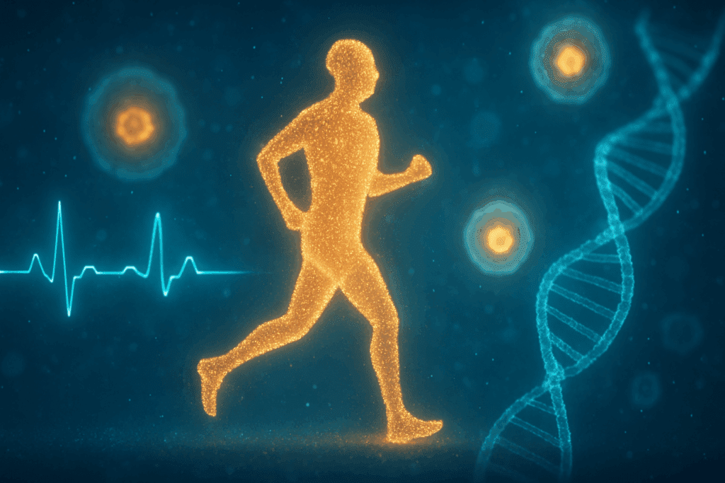 Glowing human figure jogging amid DNA strands, heartbeats, and cells, symbolizing the cellular benefits of exercise for older adults.