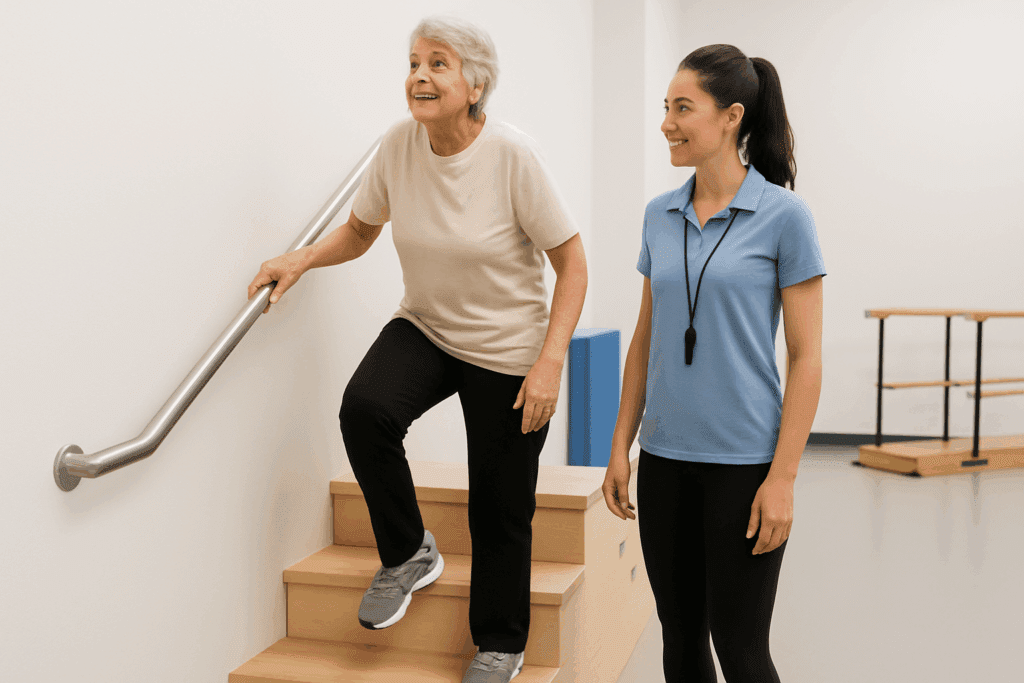 Senior woman confidently climbing rehab stairs with handrail support as trainer observes, showing benefits of exercise for older adults.