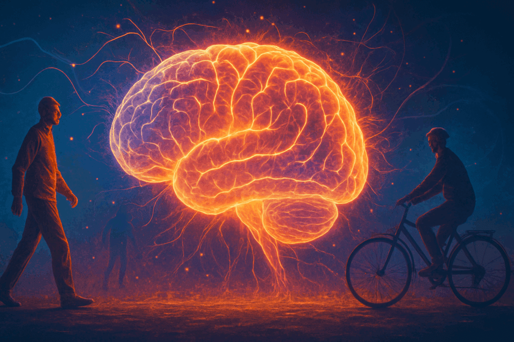 Glowing human brain surrounded by neural light patterns with older adults walking and cycling, symbolizing cognitive benefits of exercise for older adults.