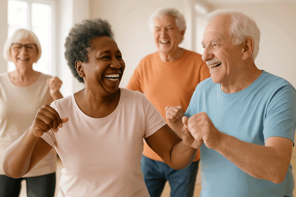 Smiling older adults participating in a cheerful indoor group fitness class, showing the social and emotional benefits of exercise for older adults.