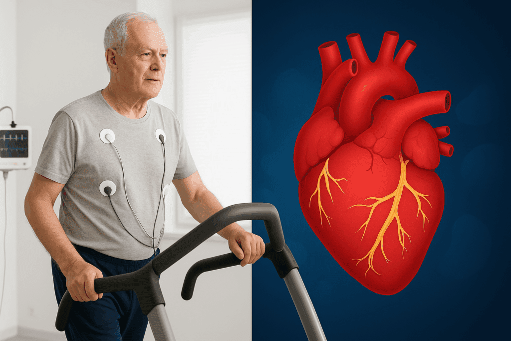 Elderly man walking on a treadmill with heart monitor beside a graphic of a healthy heart, illustrating benefits of exercise for older adults.