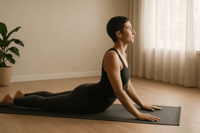 Fit person performing Cobra pose on a yoga mat in a sunlit studio, demonstrating floor exercises for back extensors.