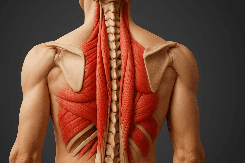 3D anatomical rendering of human back showing erector spinae, multifidus, and spinalis muscles supporting the spine, relevant to floor exercises for back extensors