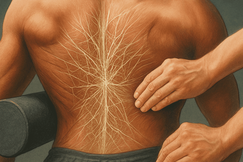 Manual therapy and foam rolling on thoracolumbar fascia to illustrate floor exercises for back extensors and fascia release