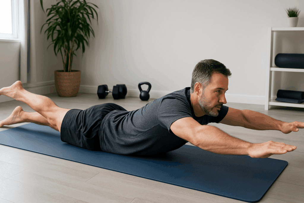 Man performing Superman pose on a yoga mat in a home gym during floor exercises for back extensors