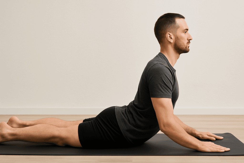 Man performing Sphinx pose on yoga mat to demonstrate floor exercises for back extensors with proper spinal alignment.