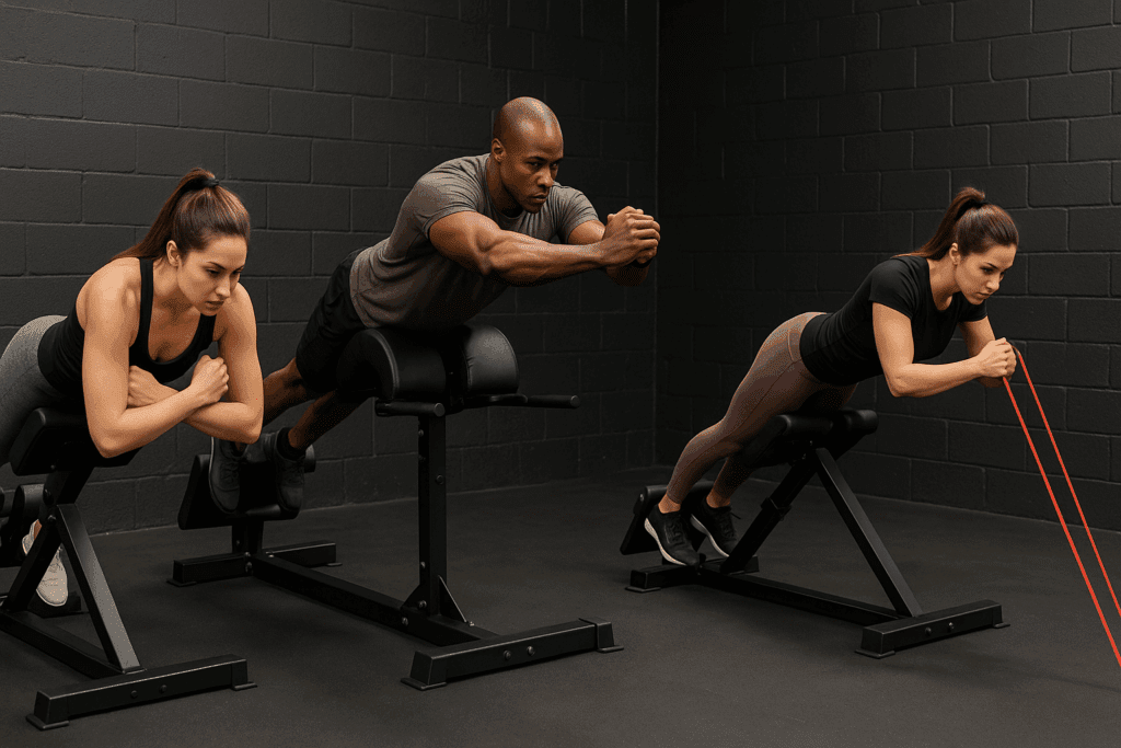 People performing floor exercises for back extensors using a Roman chair, glute-ham developer, and resistance bands in a modern gym.