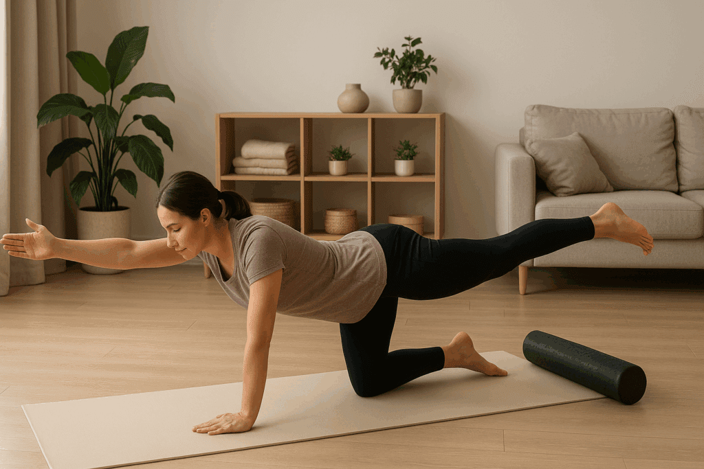 Woman performing bird-dog pose on a yoga mat in a calm home setting, demonstrating floor exercises for back extensors.