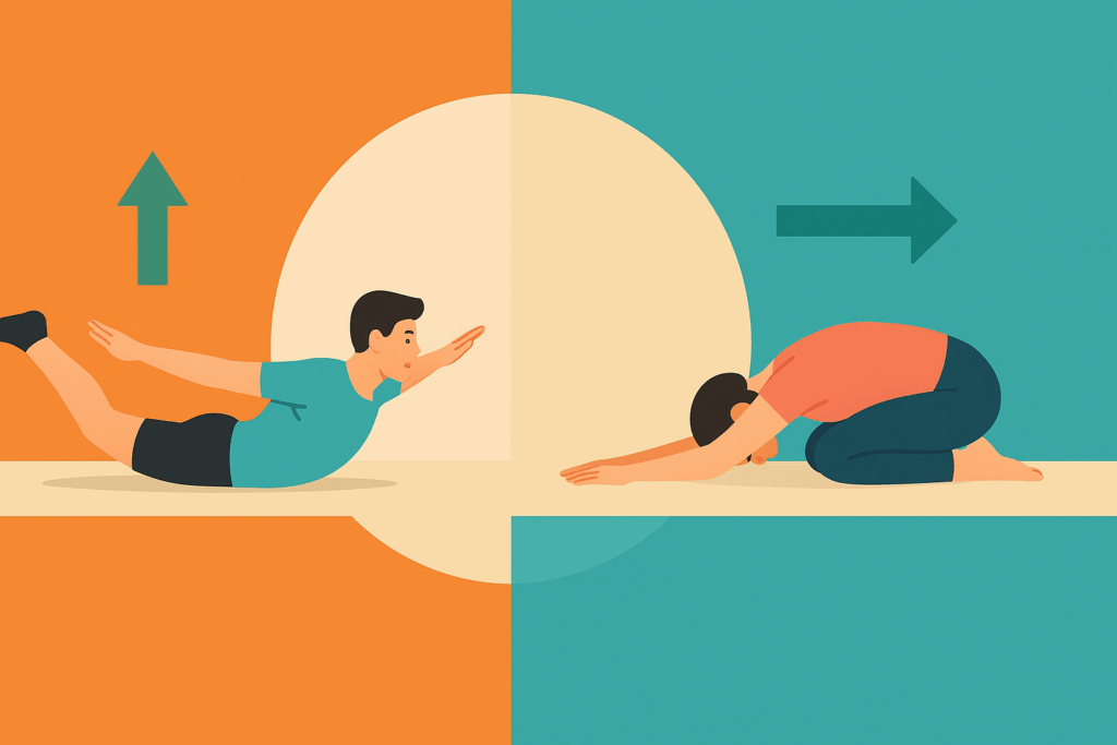 Infographic showing floor exercises for back extensors with one figure performing a prone lift to build strength and another in Child’s Pose to improve flexibility