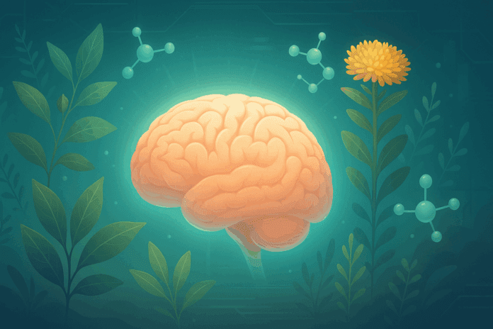 Stylized digital brain glowing amid ashwagandha, Rhodiola, green tea, and molecules—symbolizing the best nootropics for anxiety.