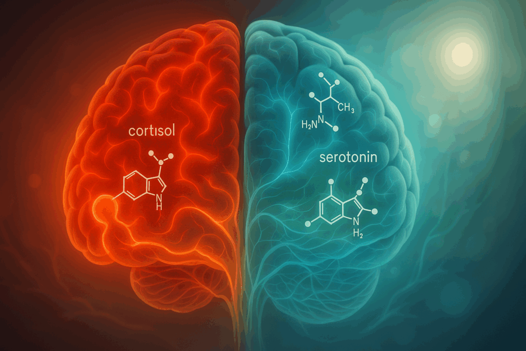 Conceptual illustration of the brain split into stress and calm zones, symbolizing how the best nootropics for anxiety support cortisol reduction and neurotransmitter balance.