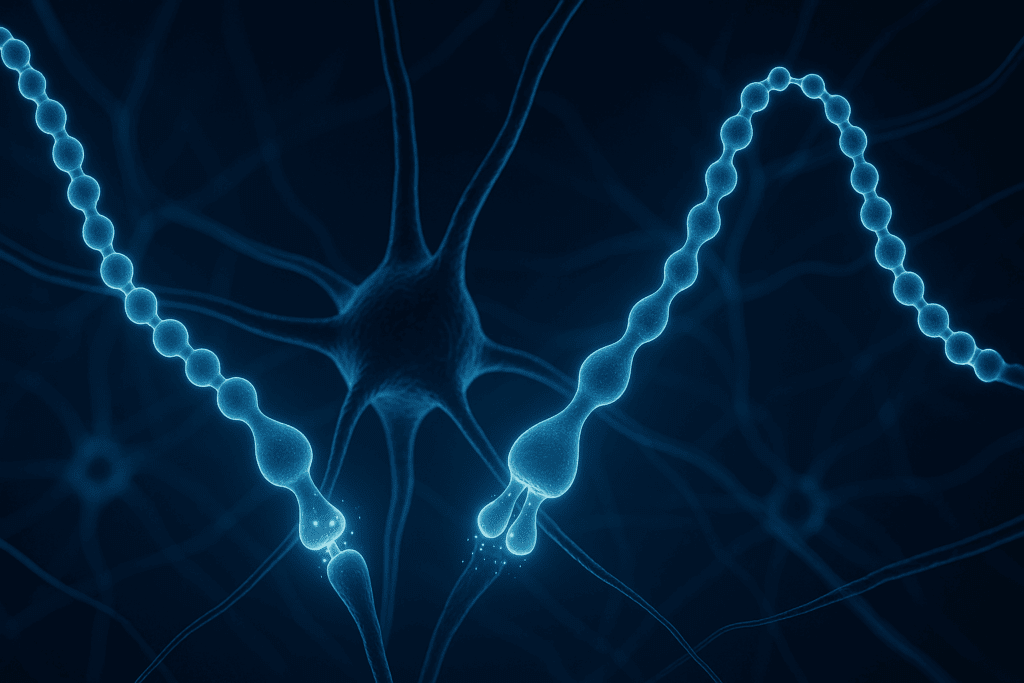 Glowing peptide chains interacting with neuron receptors inside a high-tech neural network, illustrating the best nootropics for anxiety.