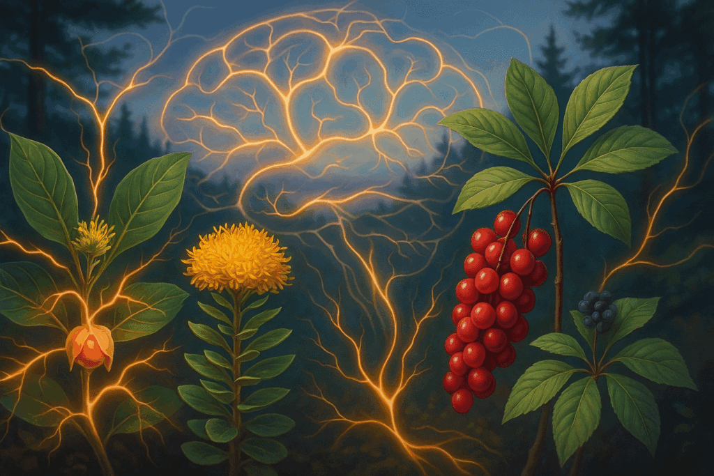 Ashwagandha, Rhodiola, Schisandra, and Eleuthero herbs glowing with neural energy in a forest scene symbolizing the best nootropics for anxiety.