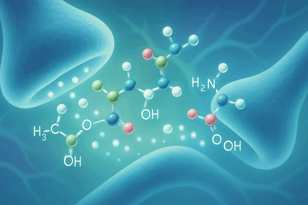 Stylized molecular view of GABA, L-theanine, and taurine flowing through brain synapses, illustrating the best nootropics for anxiety.