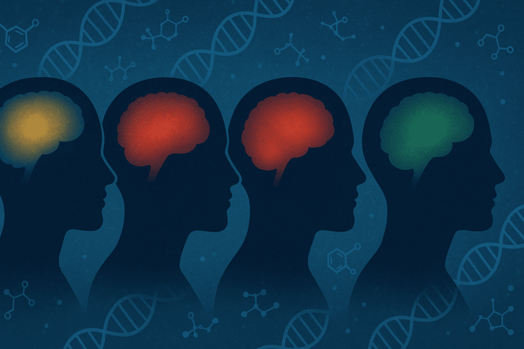 Illustration of multi-profile human heads with brain regions highlighted in different colors to represent anxiety subtypes, suggesting personalized approaches using the best nootropics for anxiety.