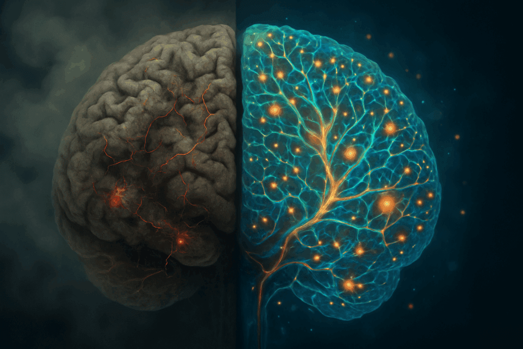 Split-brain illustration showing neural decay from chronic stress on one side and vibrant brain health supported by the best nootropics for anxiety on the other
