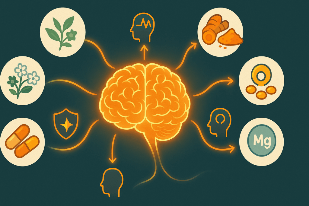 Illustration of a glowing brain surrounded by nootropic ingredients like L-theanine, Bacopa, curcumin, and magnesium, symbolizing the best nootropics for anxiety through synergistic effects on focus, memory, and stress relief.