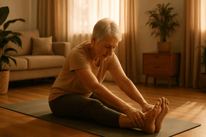 Senior woman doing seated forward bend in a warm-lit living room, demonstrating lower back and hip exercises for seniors.
