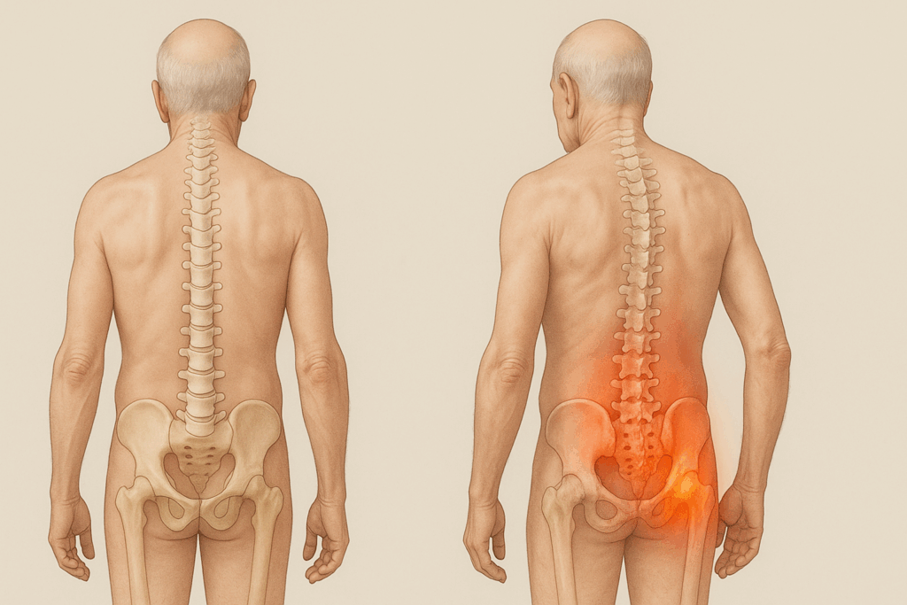 Comparison of two elderly male figures showing healthy versus degenerative spines and hips, visualizing pain points relevant to lower back and hip exercises for seniors.