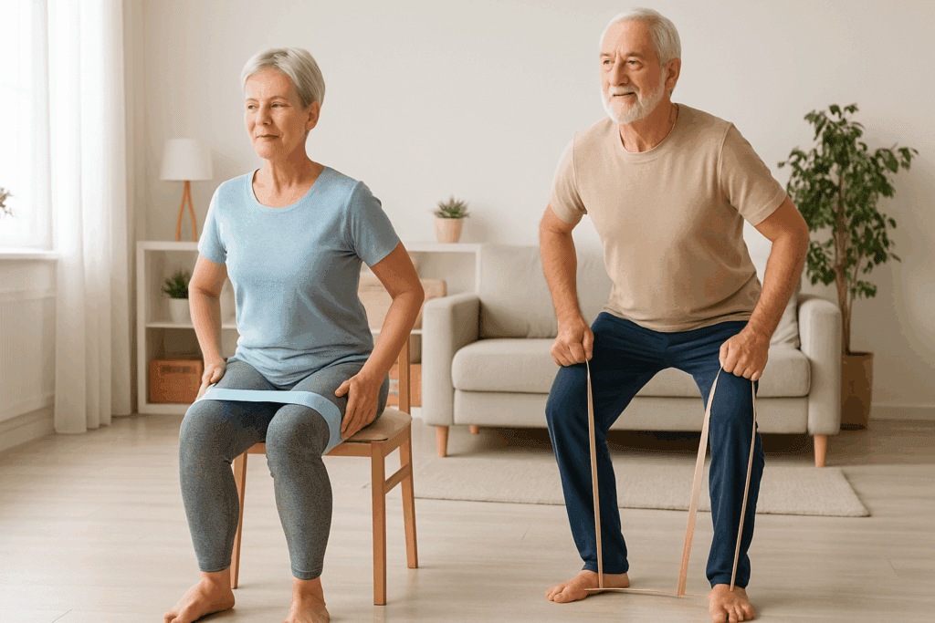 Older couple performing lower back and hip exercises for seniors with resistance bands and a chair in a bright home setting.