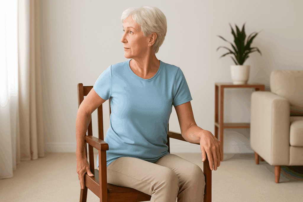 Senior woman doing seated spinal twist stretch in a chair as part of lower back and hip exercises for seniors in a calm home setting.