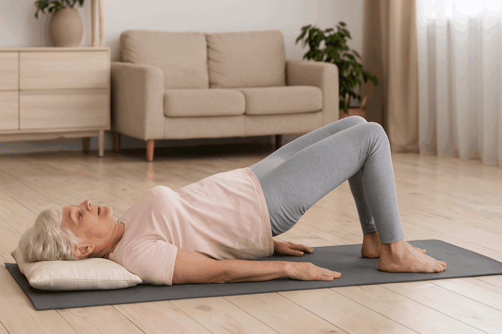 Senior woman performing glute bridge on a yoga mat with pillow support, demonstrating lower back and hip exercises for seniors in a calm home setting.