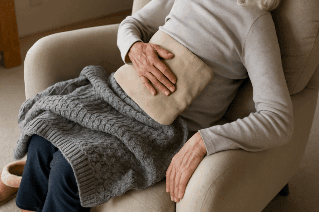 Senior relaxing in a chair with a heating pad on the lower back, showing a recovery moment after lower back and hip exercises for seniors.