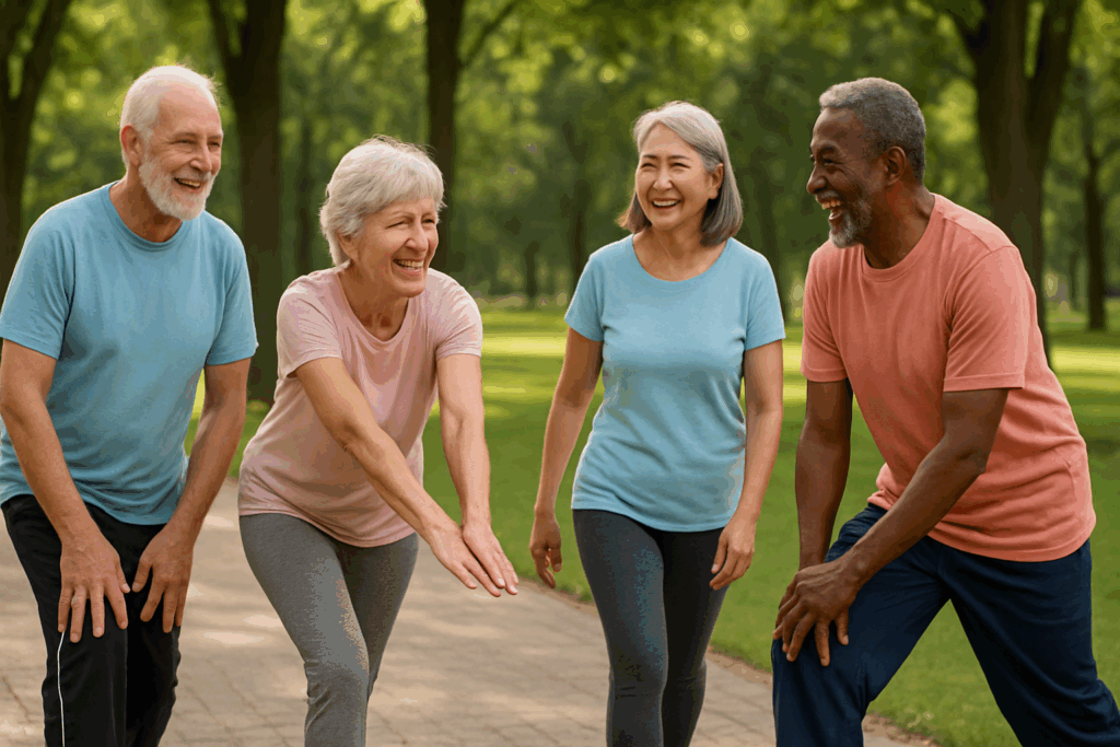 Older adults smiling while doing group stretches in a park as part of lower back and hip exercises for seniors.