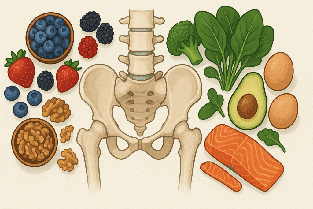 Colorful infographic showing joint-supporting foods like salmon, berries, walnuts, and leafy greens surrounding a healthy hip and spine, illustrating dietary support for lower back and hip exercises for seniors.