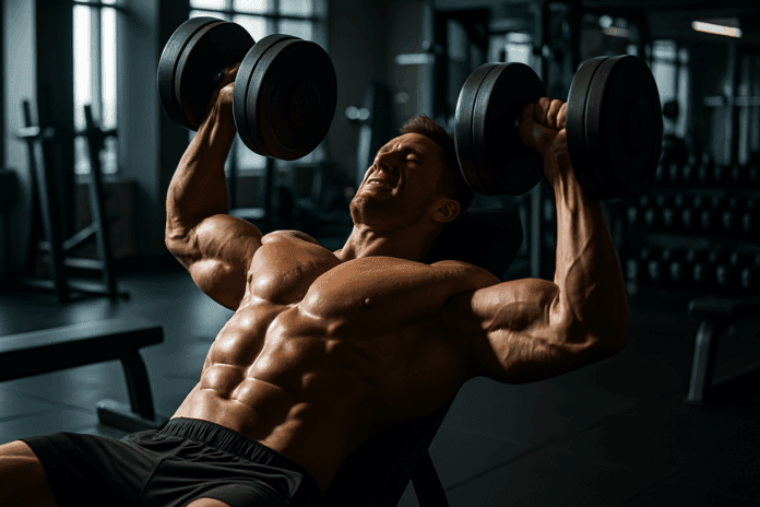 Muscular man performing dumbbell bench press in modern gym with dramatic lighting, showcasing pectoral strength for chest tightening workouts