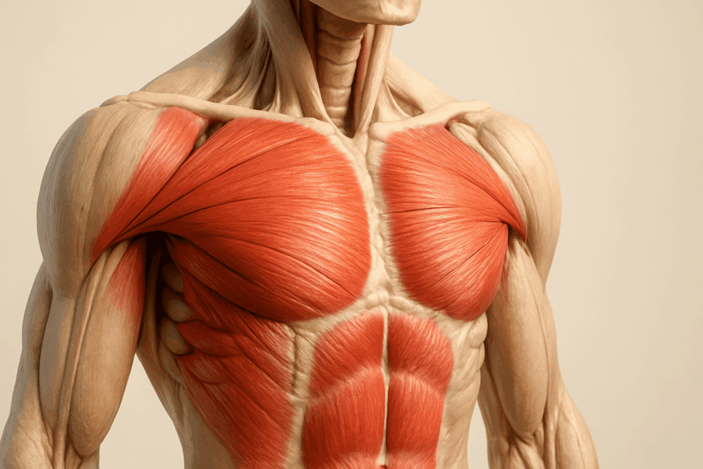 3D anatomical illustration of the upper torso showing pectoralis major and minor muscles in red, ideal for understanding muscle anatomy in chest tightening workouts.