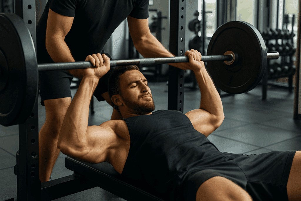 Male athlete performing a slow eccentric bench press with a spotter in a gym, showcasing chest tightening workouts through controlled muscle tension.