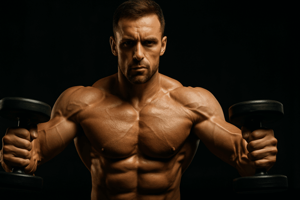 Man holding the midpoint of a dumbbell chest fly with visible muscle tension, demonstrating chest tightening workouts.