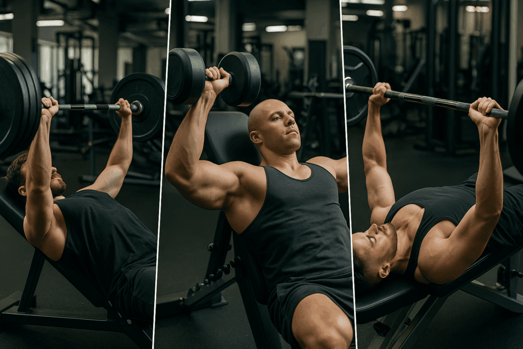 Three men performing barbell bench press, incline dumbbell press, and decline bench press in a gym, demonstrating proper form for chest tightening workouts