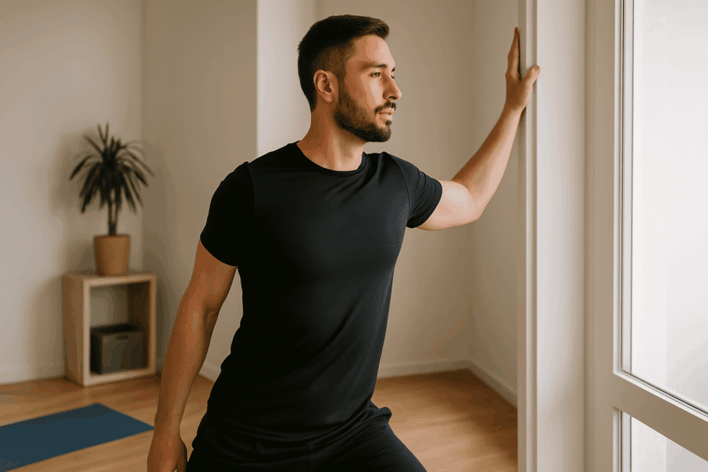 Man doing doorway chest stretch in home gym with sunlight, demonstrating chest tightening workouts technique.