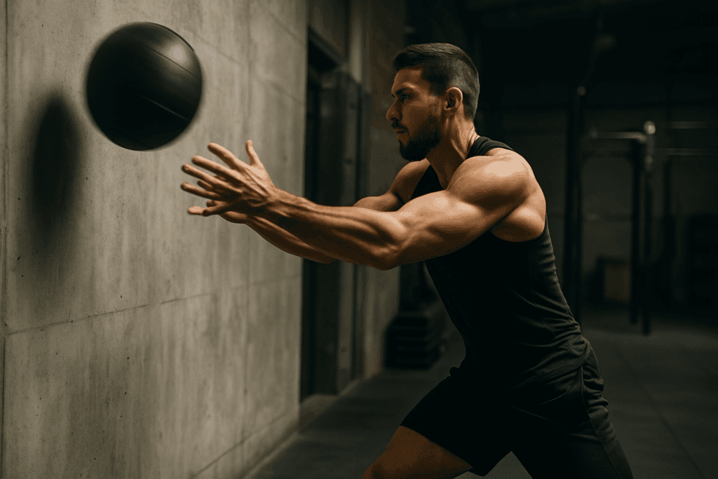 Athlete performing explosive medicine ball chest throw in a gym as part of chest tightening workouts