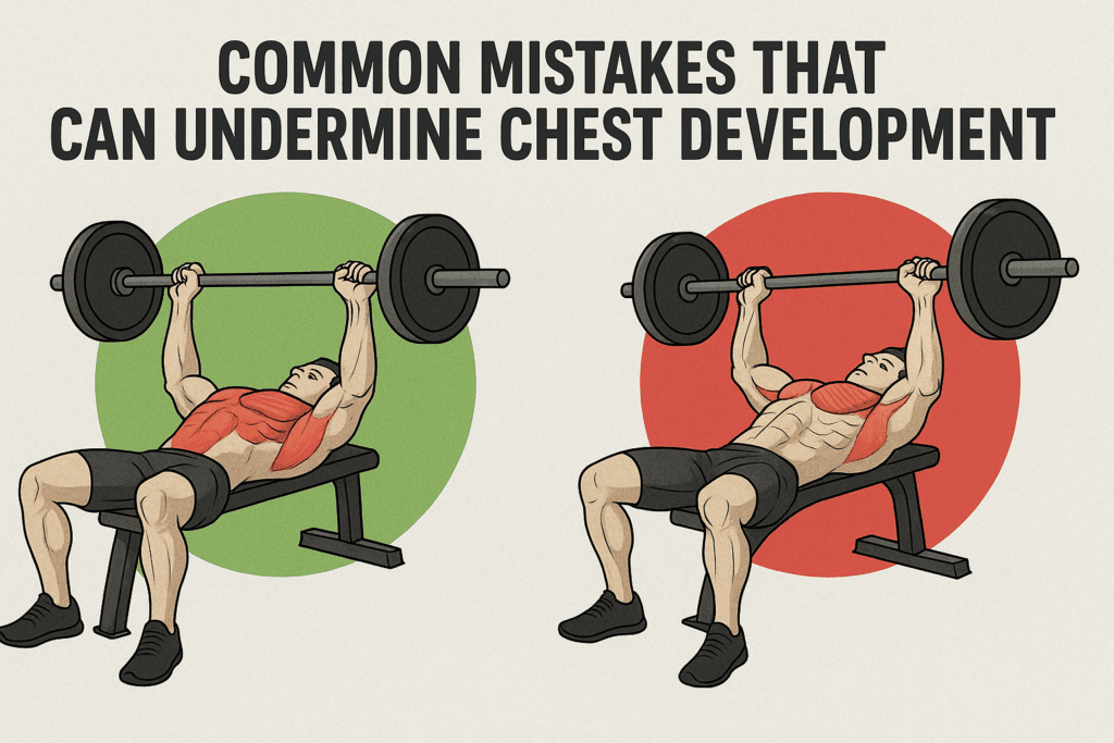 Side-by-side comparison of proper and improper chest press form highlighting posture and alignment mistakes in chest tightening workouts