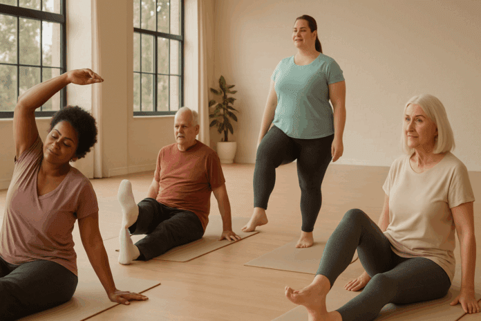 Diverse group of adults doing the best low impact exercises for knee pain relief in a bright, accessible fitness studio.