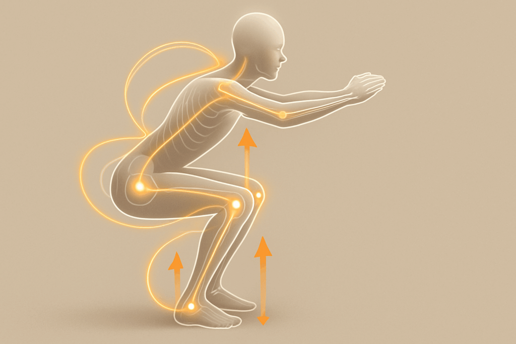 Human figure mid-squat in motion capture style showing proper alignment and force distribution for best low impact exercises for knee pain relief