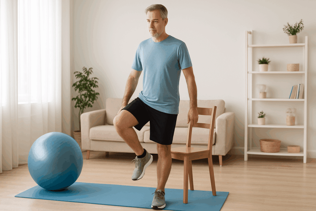 Middle-aged man practicing single-leg balance on a mat with a chair and stability ball nearby, demonstrating one of the best low impact exercises for knee pain relief in a bright home setting.