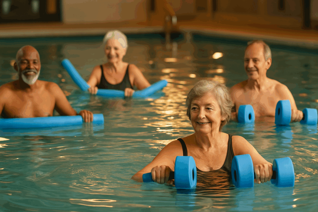 Older adults performing gentle aquatic exercises with foam dumbbells and pool noodles in a warm indoor pool as part of the Best Low Impact Exercises for Knee Pain Relief.