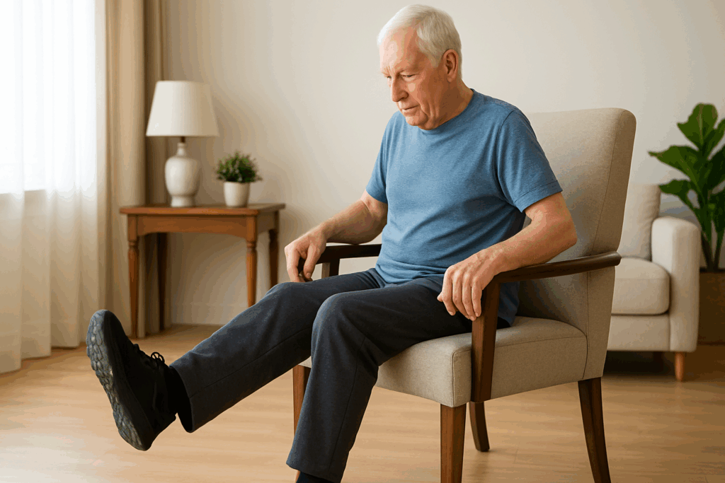 Senior man performing seated leg extensions in a cozy living room as part of the best low impact exercises for knee pain relief