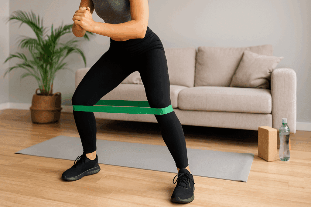 Woman doing lateral band walk on a yoga mat in a living room, demonstrating one of the best low impact exercises for knee pain relief