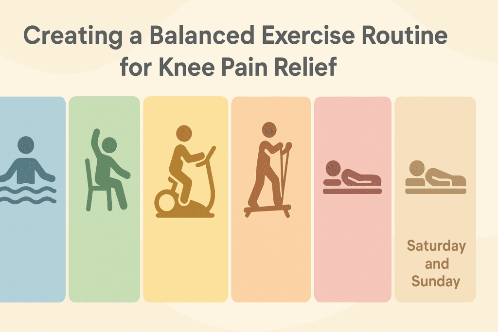 Weekly infographic with icons for water aerobics, chair yoga, elliptical, resistance bands, and rest days showing the best low impact exercises for knee pain relief