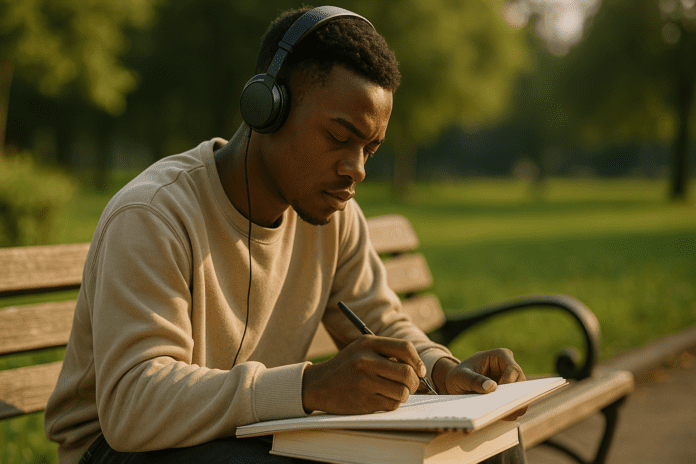 A young Black man sits on a park bench, wearing headphones and focused intently on his notebook under the golden light of a late afternoon. This serene outdoor setting supports the use of study music and deep focus music for enhancing memory and cognitive clarity in natural environments.