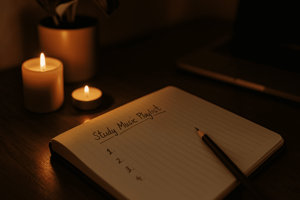 An open journal rests on a minimalist wooden desk surrounded by flickering candles and a small potted plant, illuminated by soft, warm light. The tranquil scene symbolizes the calming effects of music during study and its role in creating focused, emotionally supportive learning spaces.