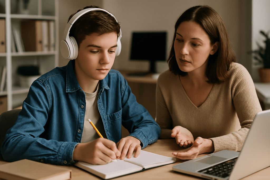 A teenage boy in headphones studies attentively with the guidance of a female tutor in a modern, well-lit home office. This interaction reflects how study focus music and music for learning can enhance attention and engagement for students in academic settings.