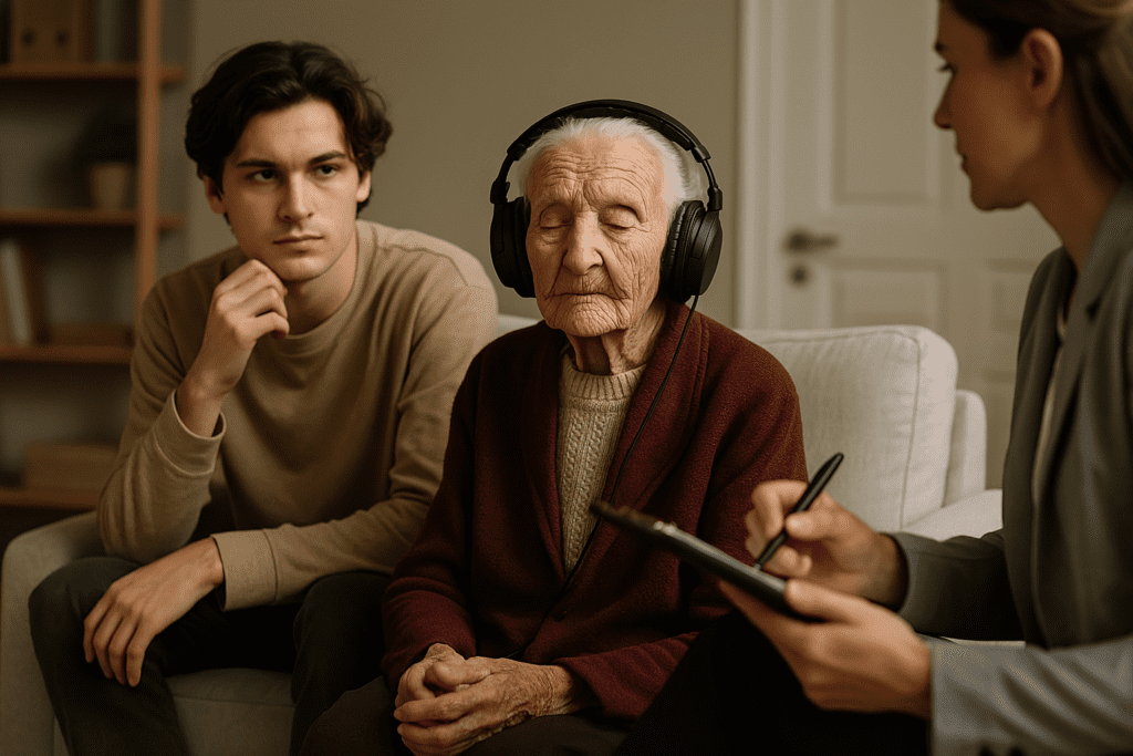 An elderly woman wearing headphones sits peacefully in an armchair while her grandson and a professional therapist observe in a softly lit clinical room. The image highlights how music for concentration and focus can support cognitive function and emotional connection across generations, especially in older adults.