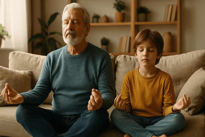 An elderly man and his young grandson practicing mindfulness meditation together in a sunlit living room, representing multigenerational focus and natural ADHD support.