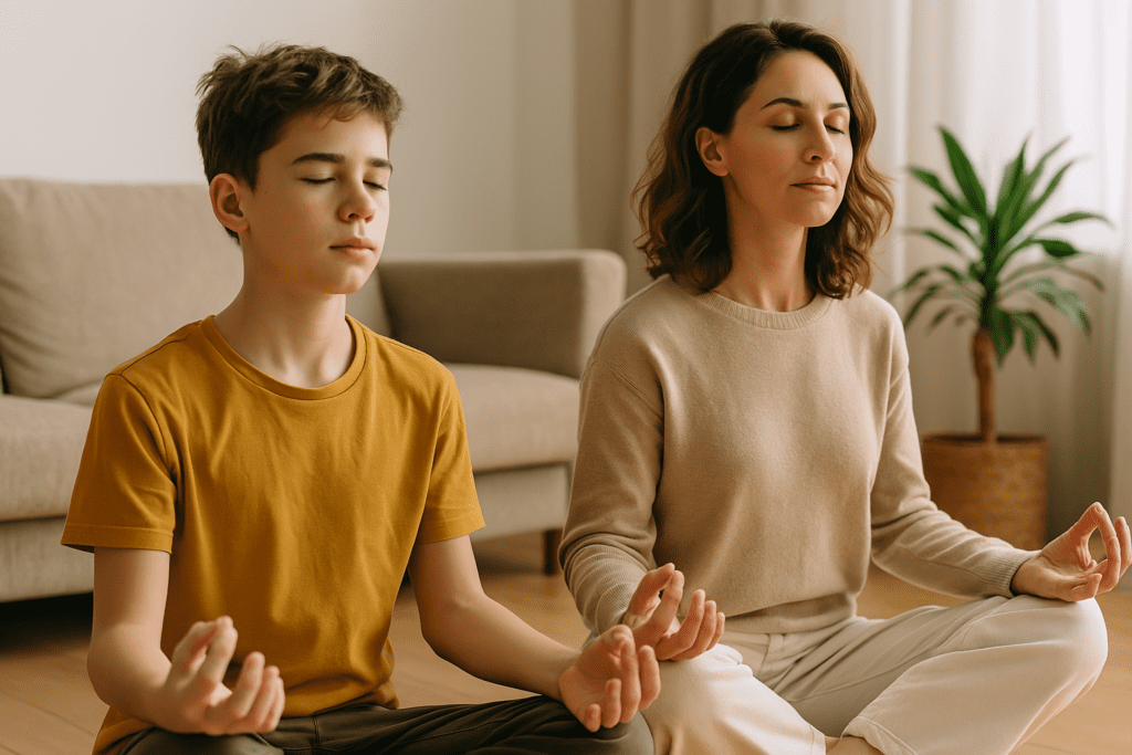A teenage boy and a woman meditating in a peaceful home setting, illustrating natural emotional balance and attentional grounding through family-based mindfulness.